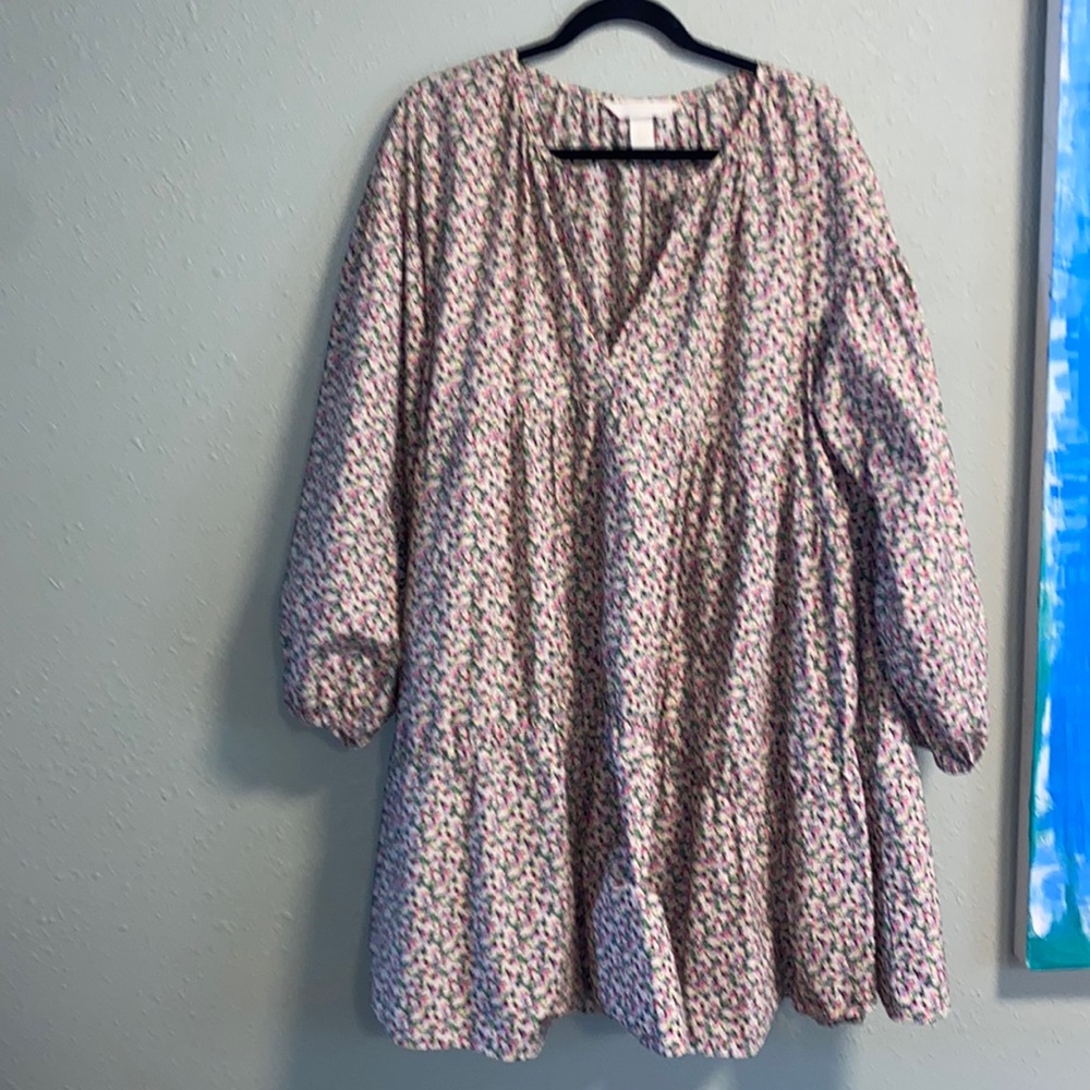 H&M Floral Mini Dress in White with Pink & Green Print